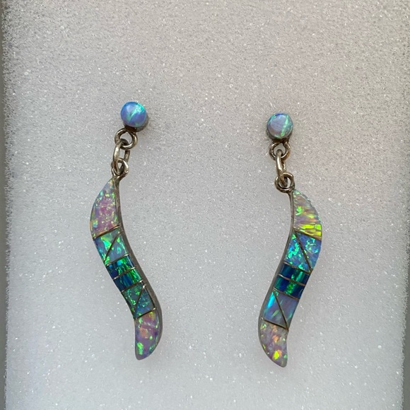 Vintage | Opal & Sterling Silver Dangle Earrings - Picture 2 of 4